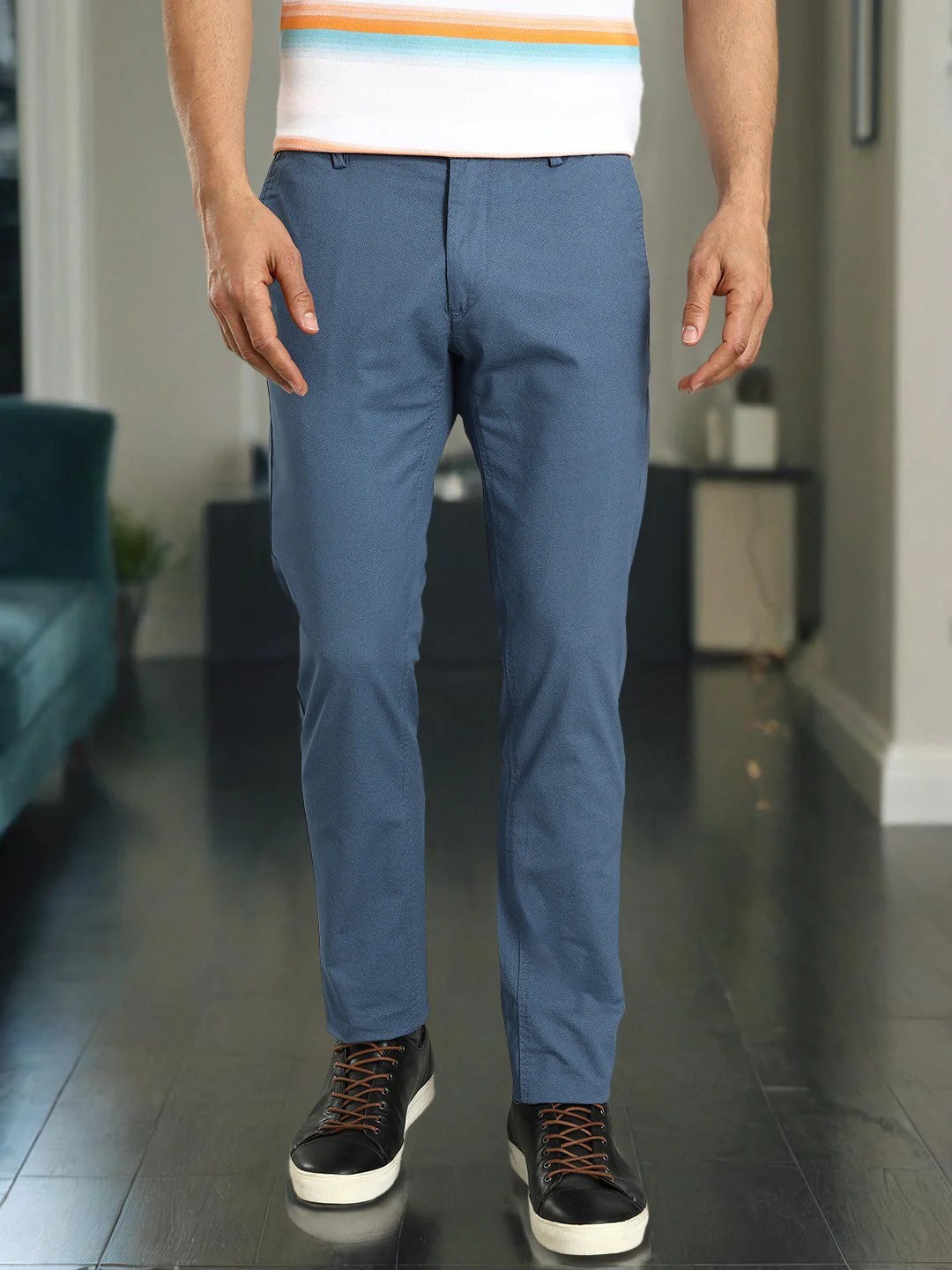 Indian Terrain Men's Slim Fit Self Design Blue Trousers